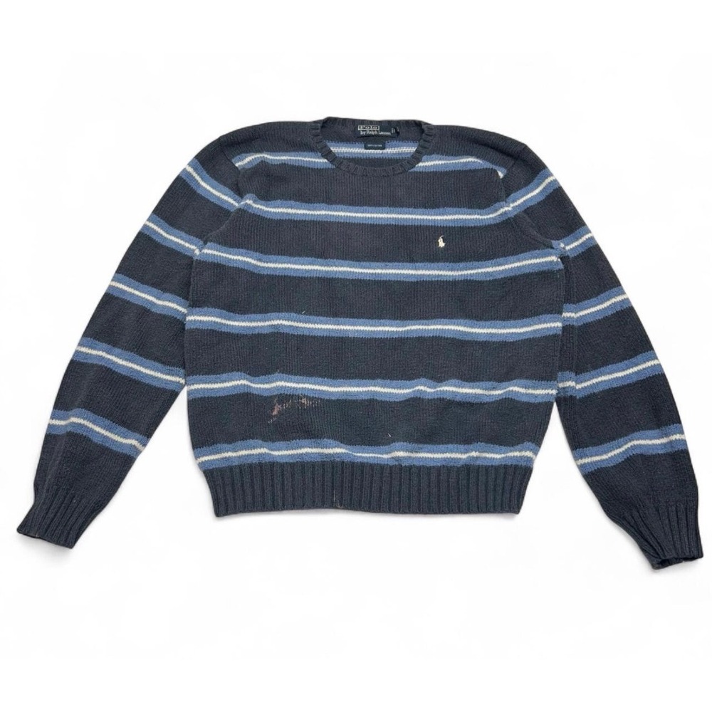 Polo Ralph Lauren Mens XL Blue Striped 100% Cotton Crewneck Sweater Pony Logo